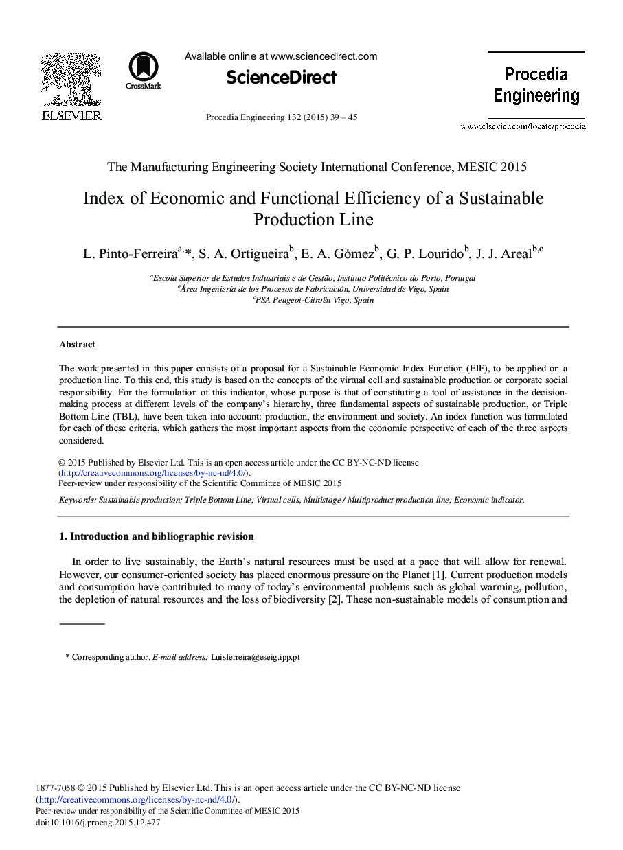 Index of Economic and Functional Efficiency of a Sustainable Production Line 