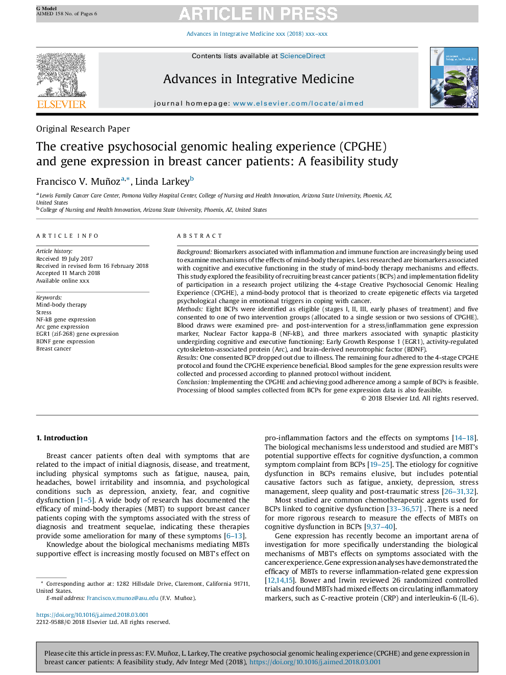 عکس صفحه اول مقاله: The creative psychosocial genomic healing experience (CPGHE) and gene expression in breast cancer patients: A feasibility study The creative psychosocial genomic healing experience (CPGHE) and gene expression in breast cancer patients: A feasibility study