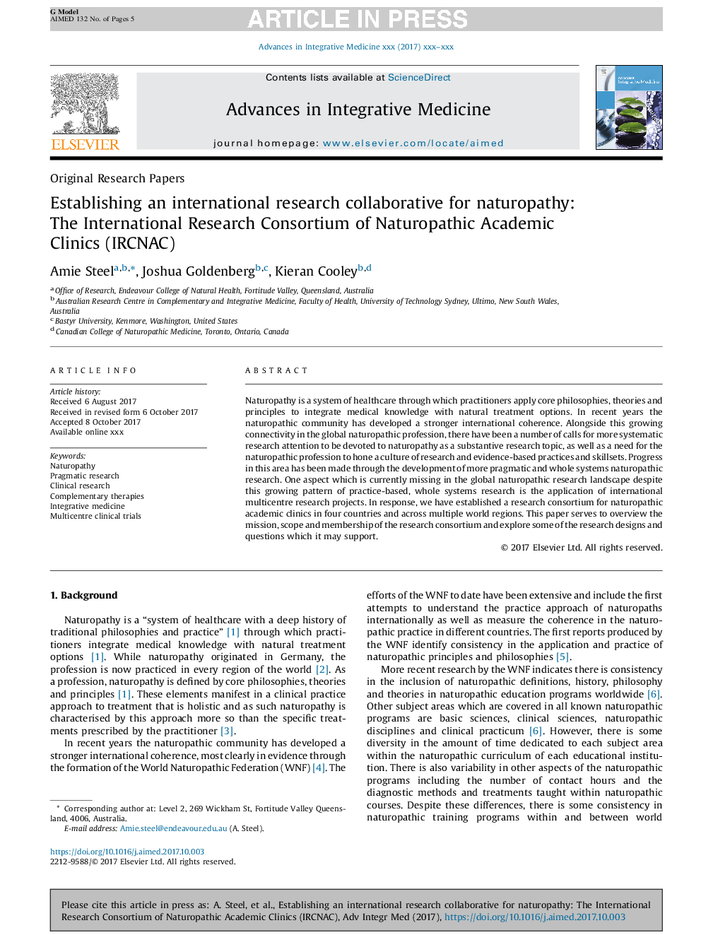 Establishing an international research collaborative for naturopathy: The International Research Consortium of Naturopathic Academic Clinics (IRCNAC)