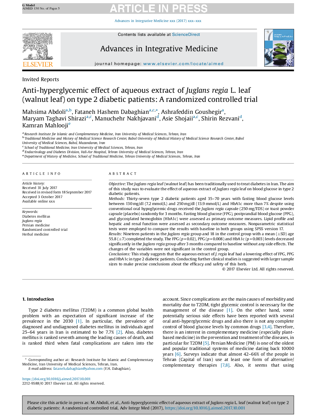 Anti-hyperglycemic effect of aqueous extract of Juglans regia L. leaf (walnut leaf) on type 2 diabetic patients: A randomized controlled trial