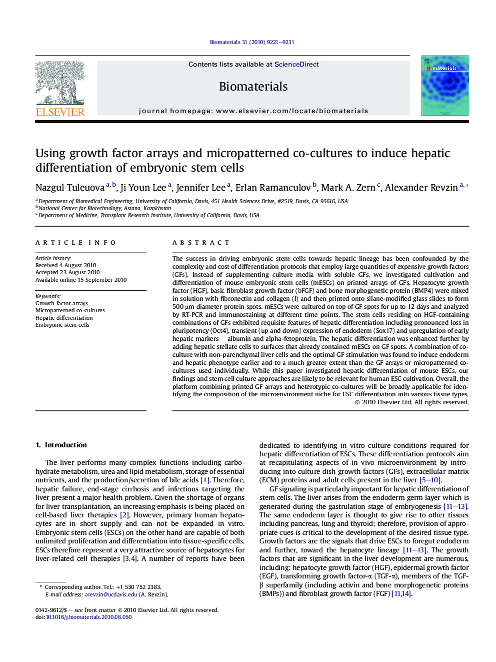 Using growth factor arrays and micropatterned co-cultures to induce hepatic differentiation of embryonic stem cells