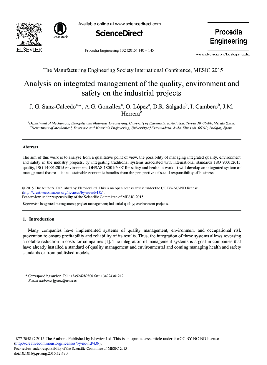 Analysis on Integrated Management of the Quality, Environment and Safety on the Industrial Projects 