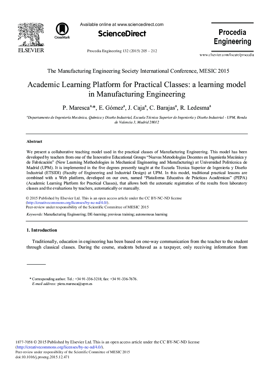 Academic Learning Platform for Practical Classes: A Learning Model in Manufacturing Engineering 