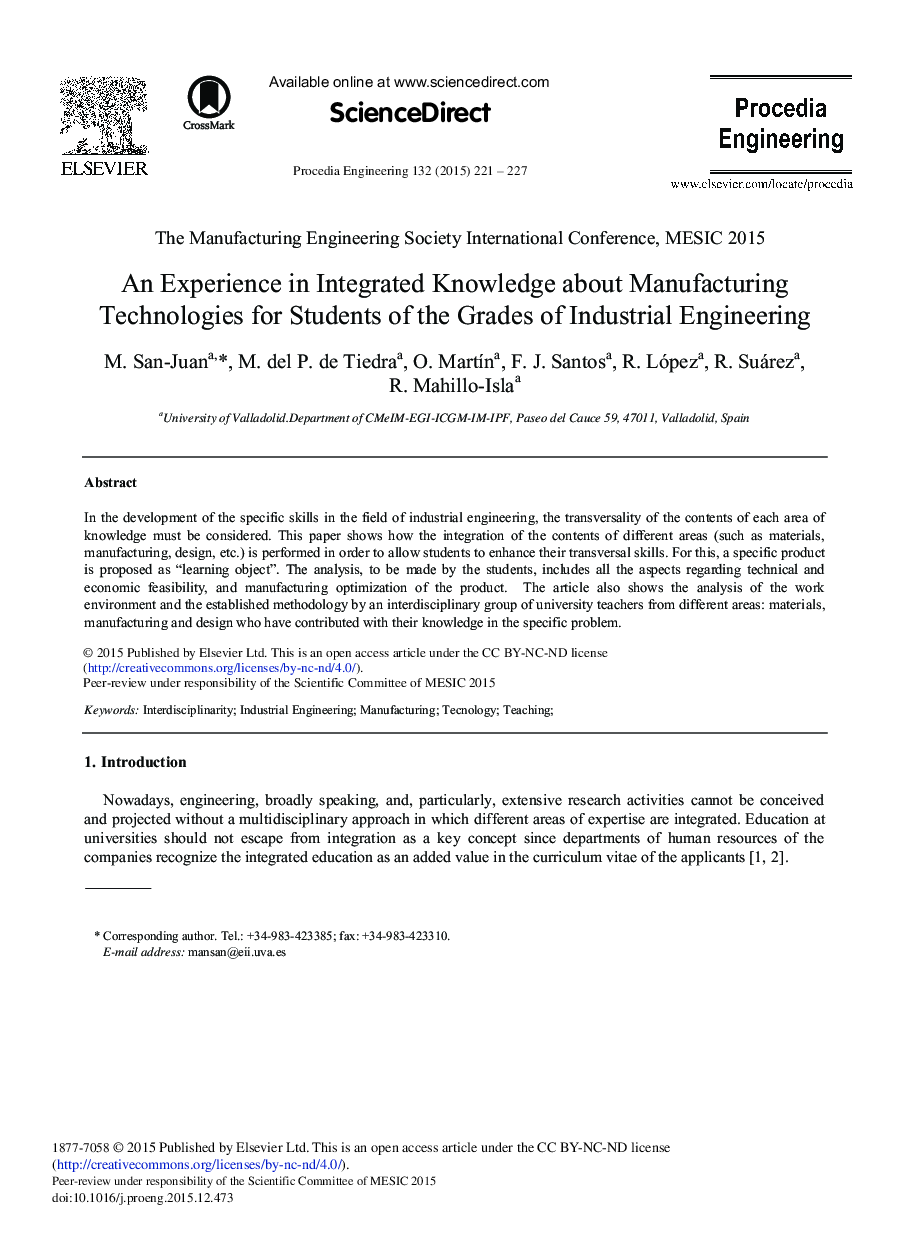 An Experience in Integrated Knowledge about Manufacturing Technologies for Students of the Grades of Industrial Engineering 