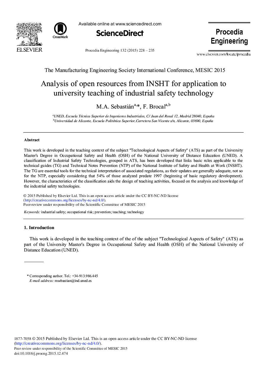 Analysis of Open Resources from INSHT for Application to University Teaching of Industrial Safety Technology 