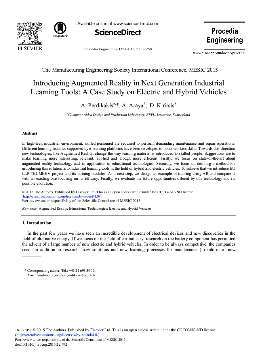 Introducing Augmented Reality in Next Generation Industrial Learning Tools: A Case Study on Electric and Hybrid Vehicles 