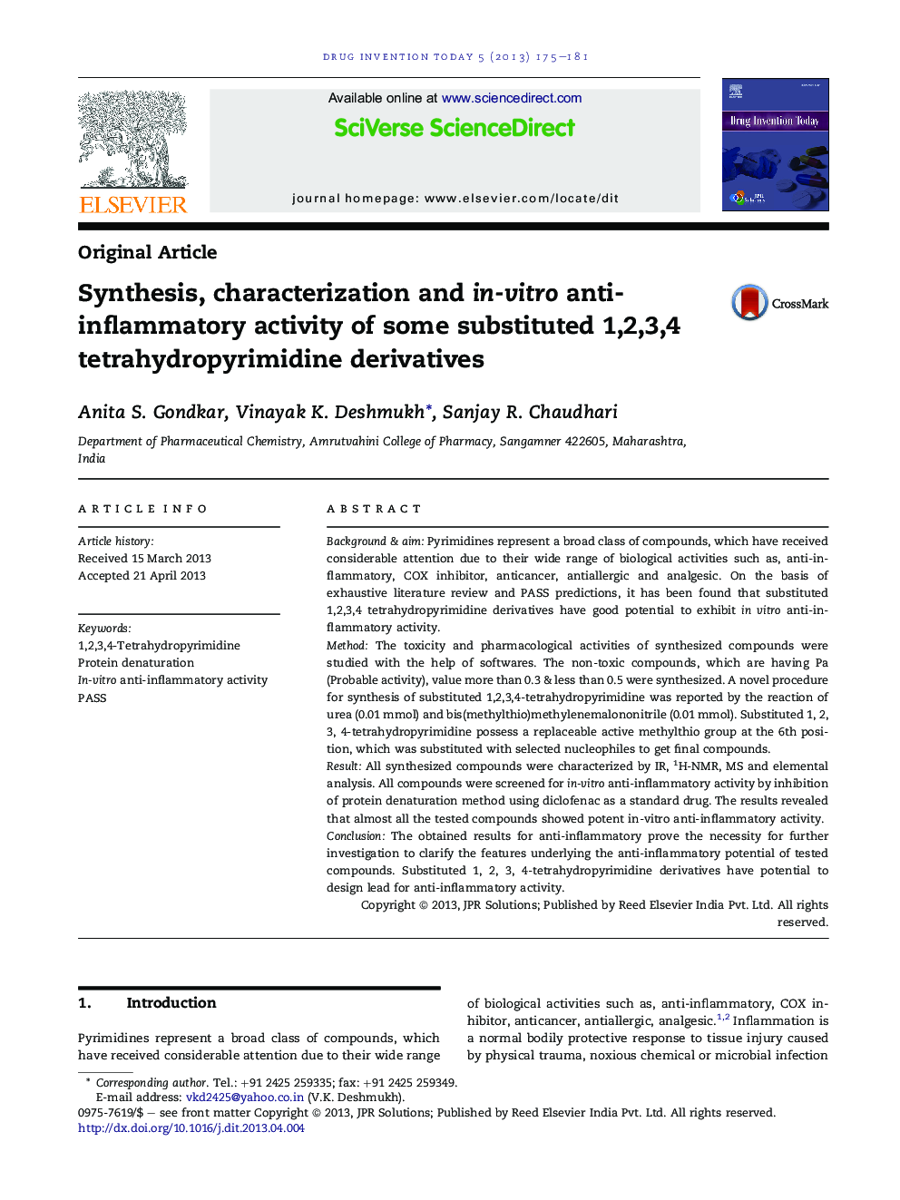 Synthesis, characterization and in-vitro anti-inflammatory activity of some substituted 1,2,3,4 tetrahydropyrimidine derivatives