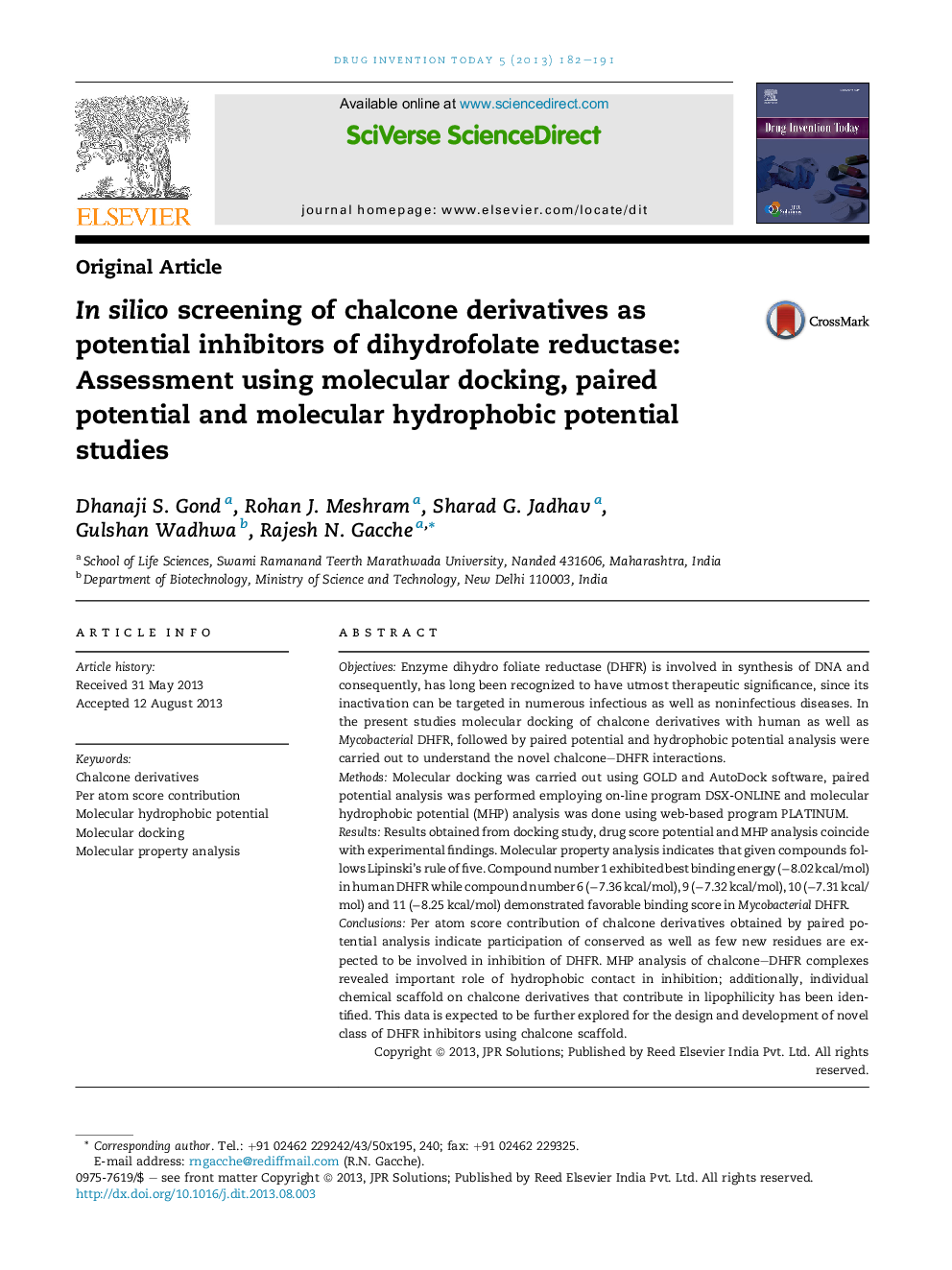 In silico screening of chalcone derivatives as potential inhibitors of dihydrofolate reductase: Assessment using molecular docking, paired potential and molecular hydrophobic potential studies