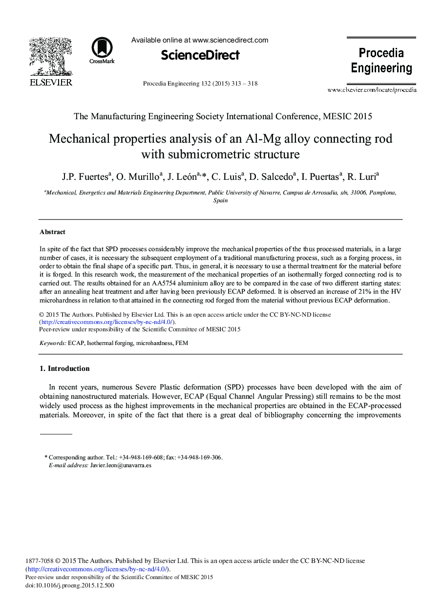 Mechanical Properties Analysis of an Al-Mg Alloy Connecting Rod with Submicrometric Structure 