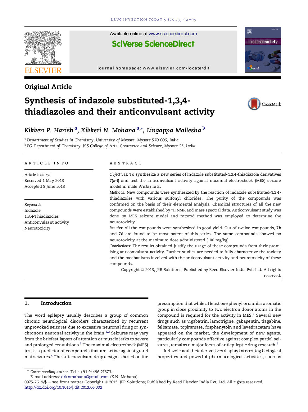 Synthesis of indazole substituted-1,3,4-thiadiazoles and their anticonvulsant activity