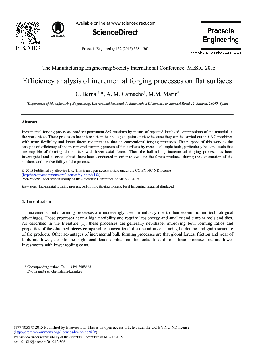 Efficiency Analysis of Incremental Forging Processes on Flat Surfaces 