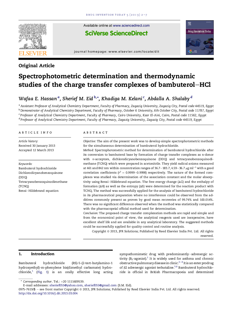 عکس صفحه اول مقاله: Spectrophotometric determination and thermodynamic studies of the charge transfer complexes of bambuterol-HCl Spectrophotometric determination and thermodynamic studies of the charge transfer complexes of bambuterol-HCl