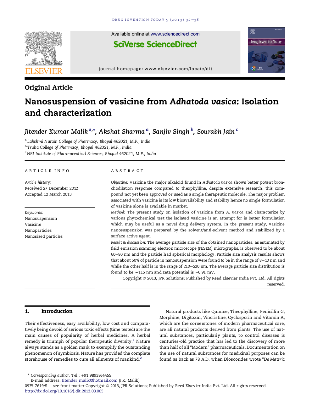 عکس صفحه اول مقاله: RETRACTED: Nanosuspension of vasicine from Adhatoda vasica: Isolation and characterization RETRACTED: Nanosuspension of vasicine from Adhatoda vasica: Isolation and characterization