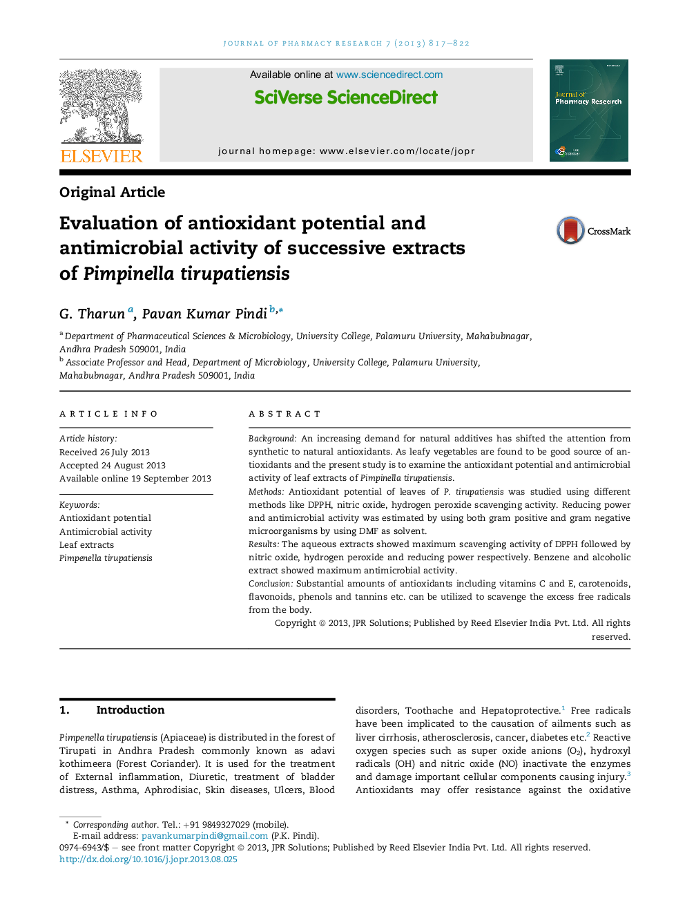 Evaluation of antioxidant potential and antimicrobial activity of successive extracts ofÂ Pimpinella tirupatiensis