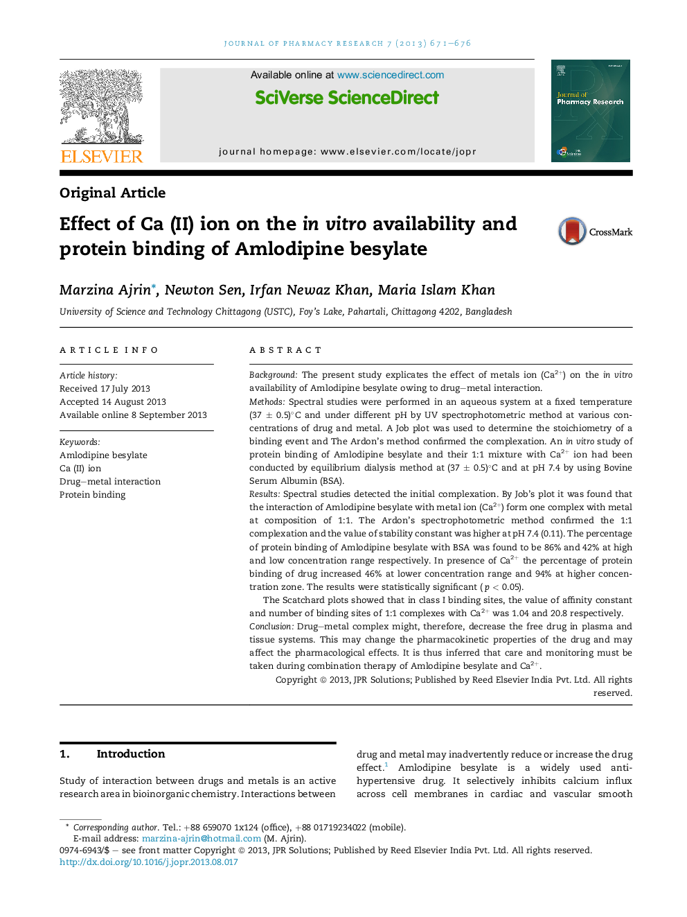 Effect of Ca (II) ion on the inÂ vitro availability and protein binding of Amlodipine besylate