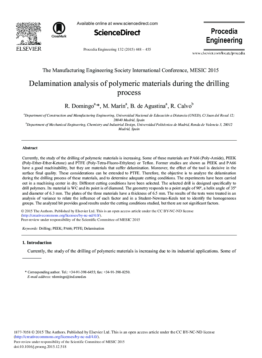 Delamination Analysis of Polymeric Materials During the Drilling Process 