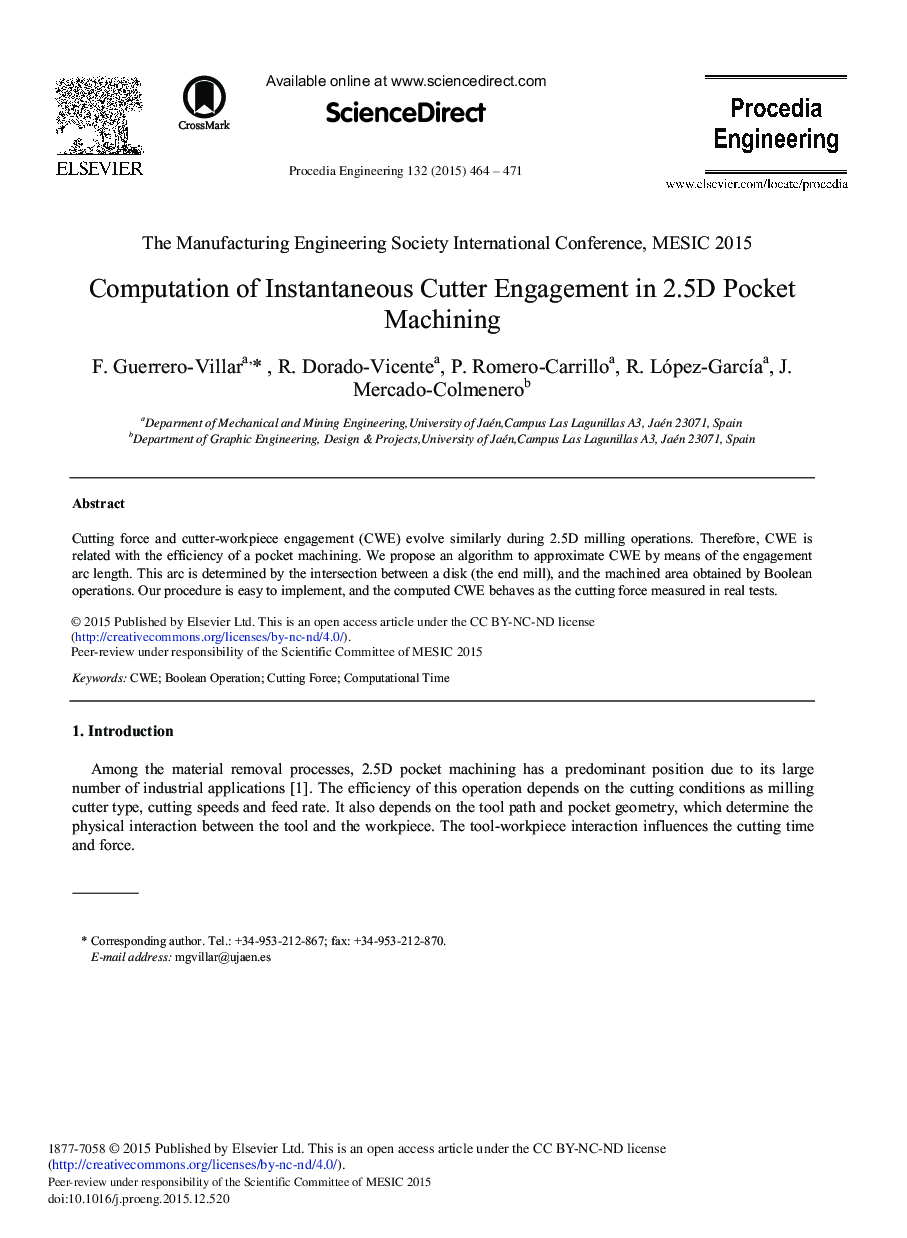 Computation of Instantaneous Cutter Engagement in 2.5D Pocket Machining 