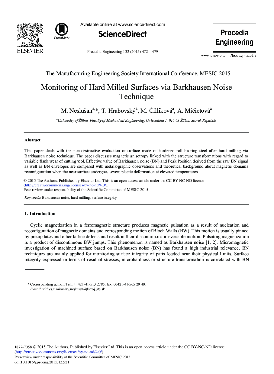 Monitoring of Hard Milled Surfaces via Barkhausen Noise Technique 