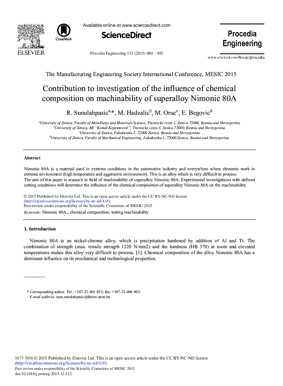 Contribution to Investigation of the Influence of Chemical Composition on Machinability of Superalloy Nimonic 80A 