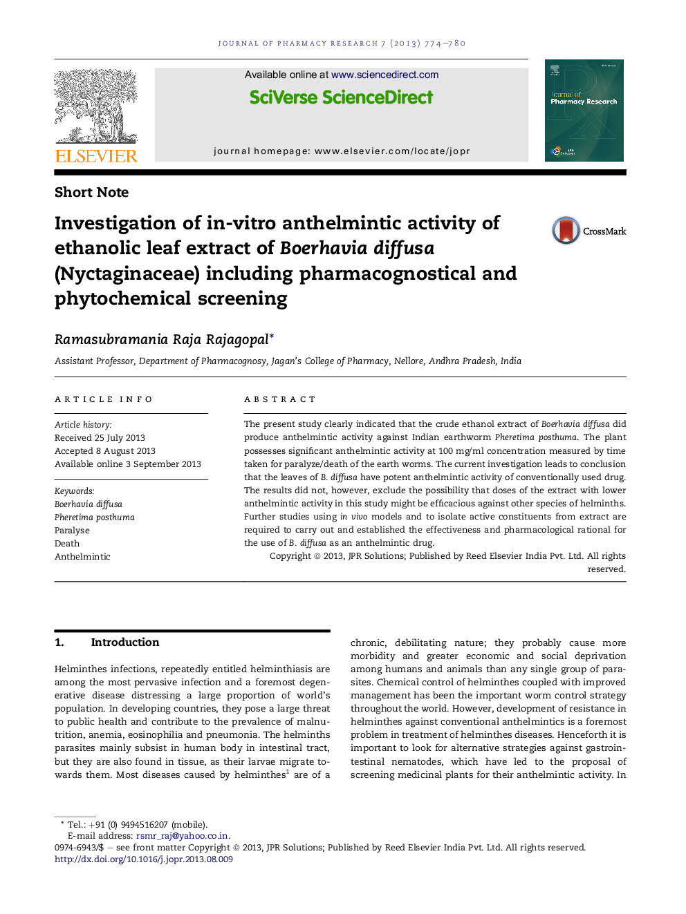 Investigation of in-vitro anthelmintic activity of ethanolic leaf extract of Boerhavia diffusa (Nyctaginaceae) including pharmacognostical and phytochemical screening