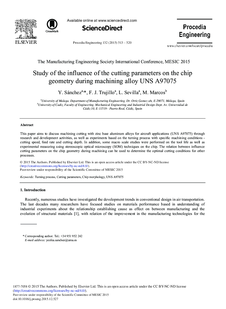 Study of the Influence of the Cutting Parameters on the Chip Geometry During Machining Alloy UNS A97075 
