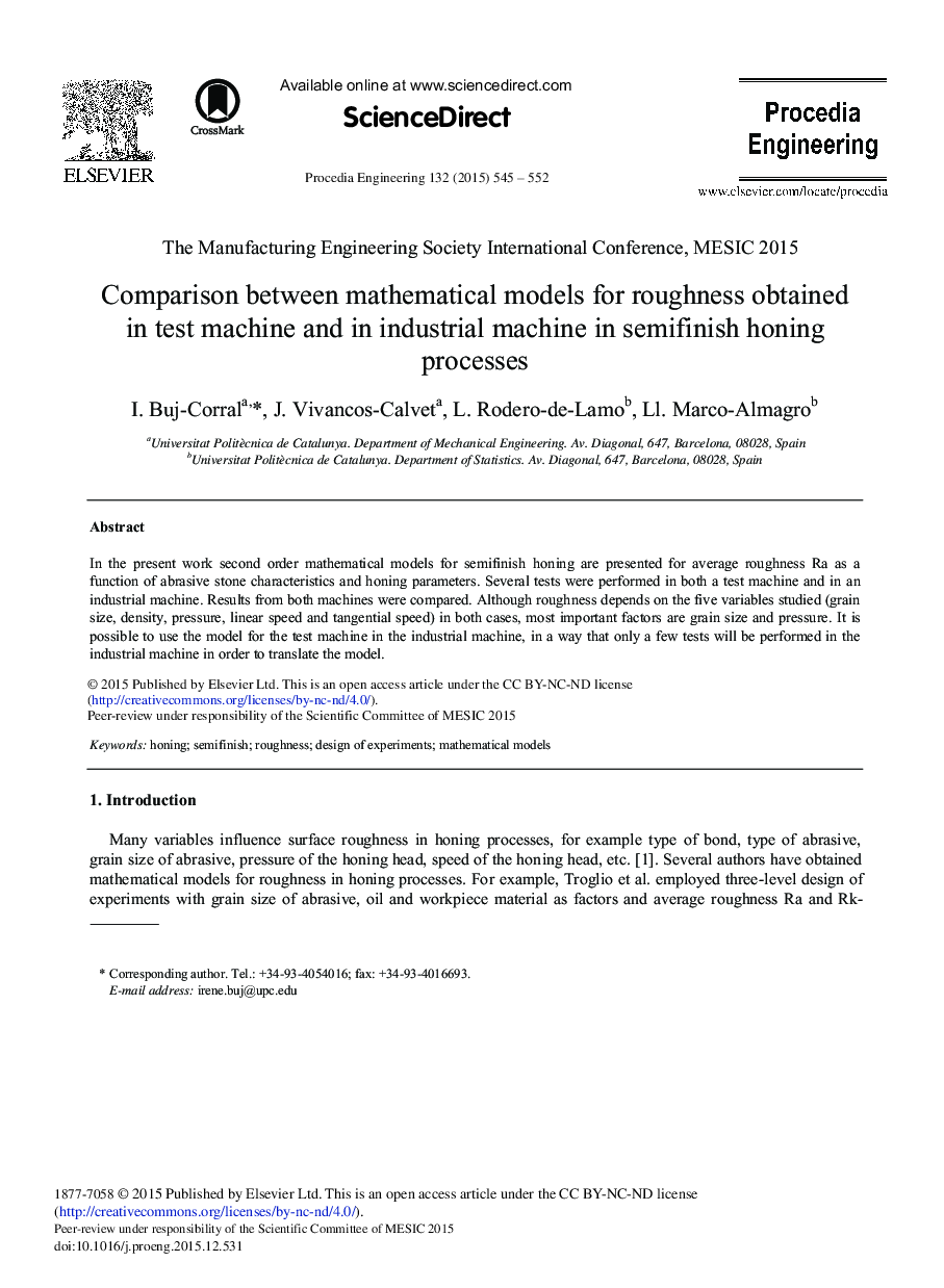 Comparison between Mathematical Models for Roughness Obtained in Test Machine and in Industrial Machine in Semifinish Honing Processes 
