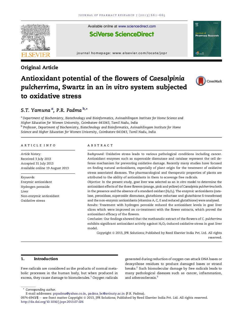 Antioxidant potential of the flowers of Caesalpinia pulcherrima, Swartz in an inÂ vitro system subjected to oxidative stress