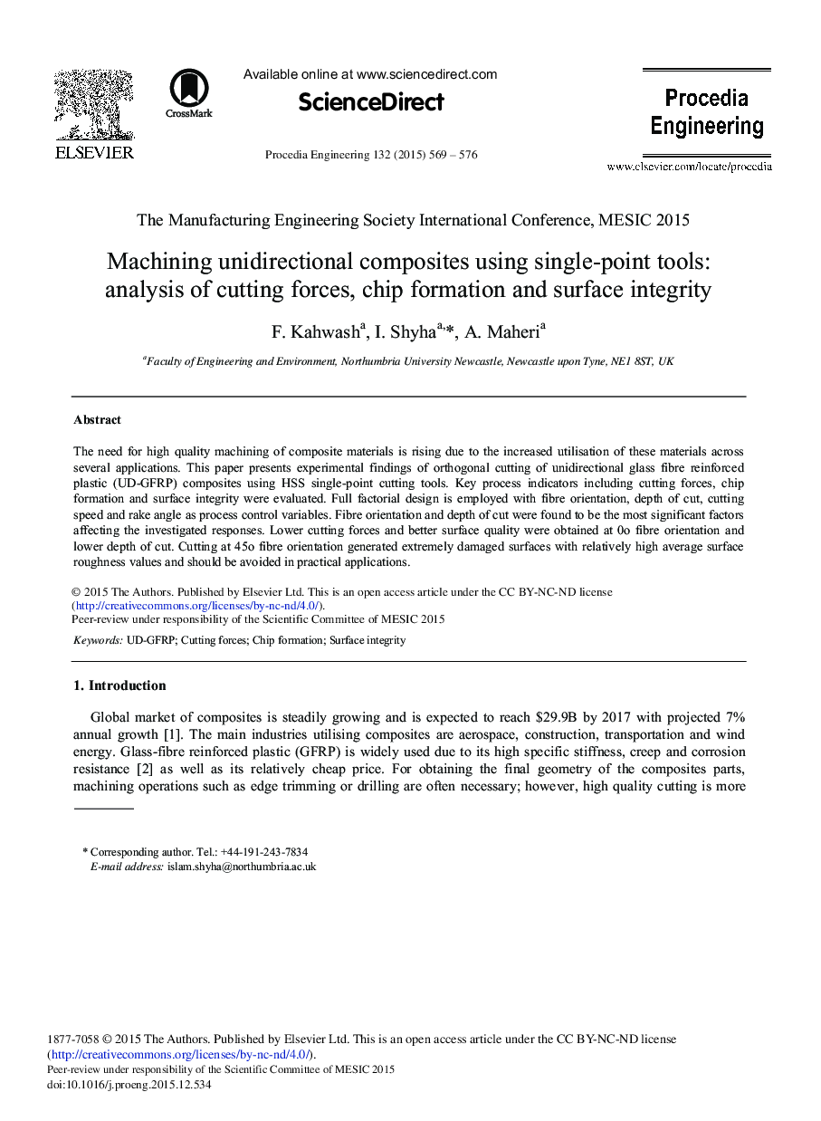 Machining Unidirectional Composites using Single-Point Tools: Analysis of Cutting Forces, Chip Formation and Surface Integrity 