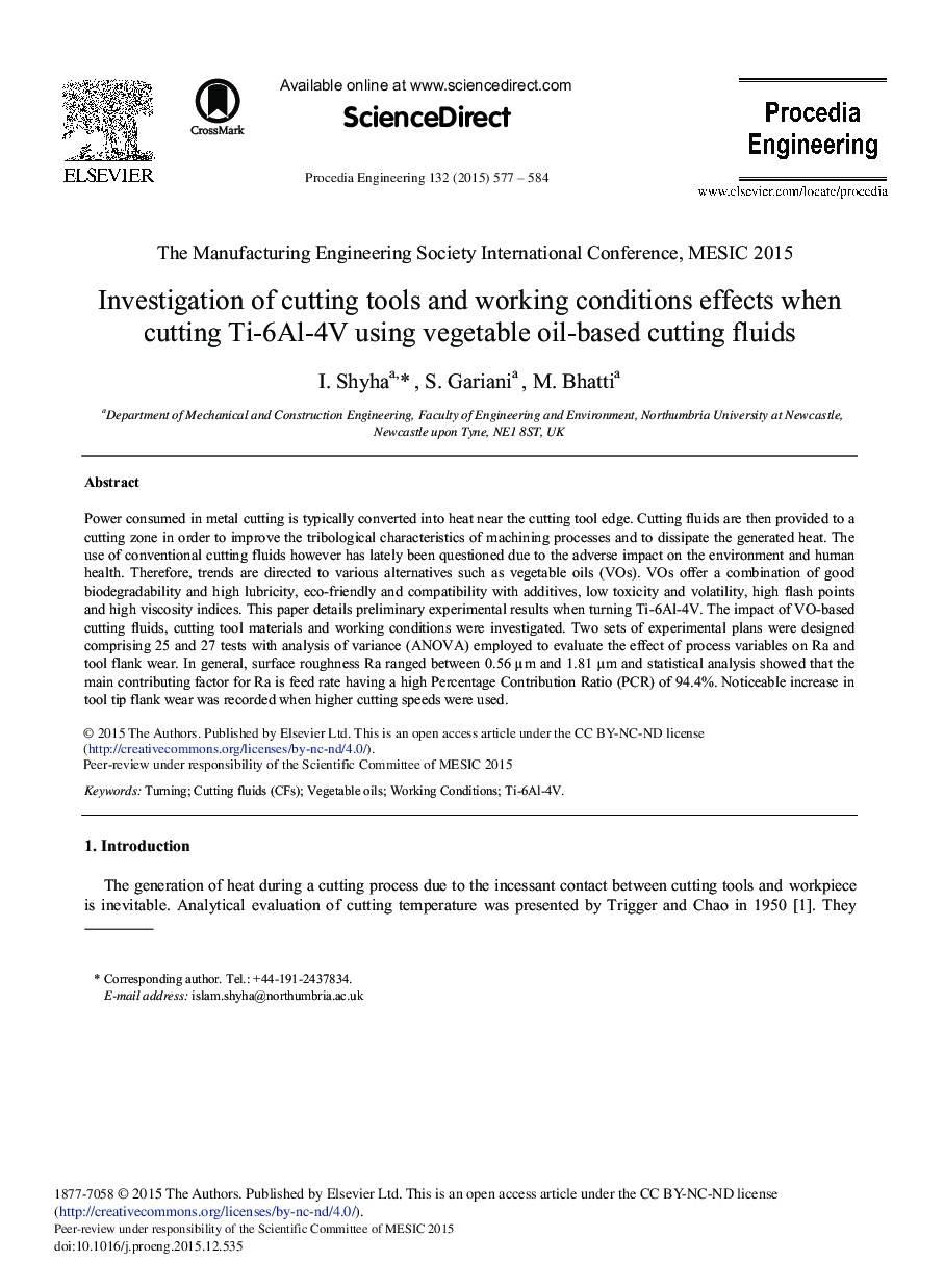 Investigation of Cutting Tools and Working Conditions Effects when Cutting Ti-6al-4V using Vegetable Oil-Based Cutting Fluids 