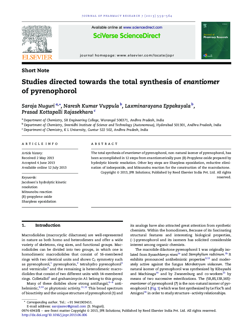 Studies directed towards the total synthesis of enantiomer ofÂ pyrenophorol