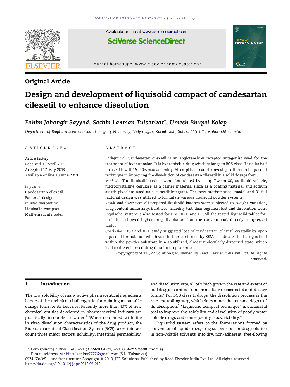 Design and development of liquisolid compact of candesartan cilexetil to enhance dissolution