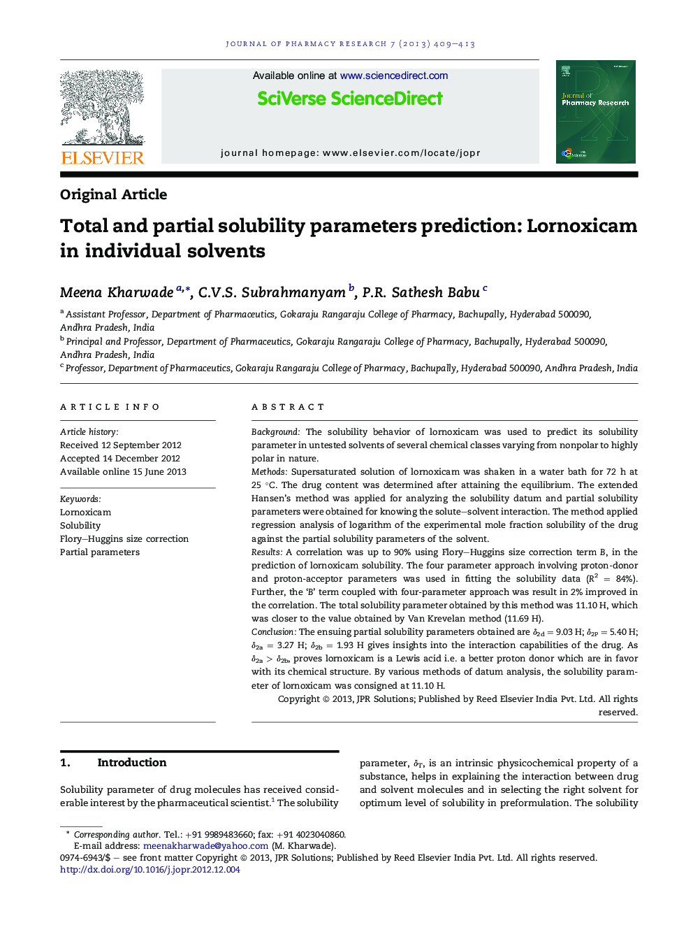 پیش بینی پارامترهای انحلالپذیری کل و جزئی: لورونکسیکام در حلالهای فردی 