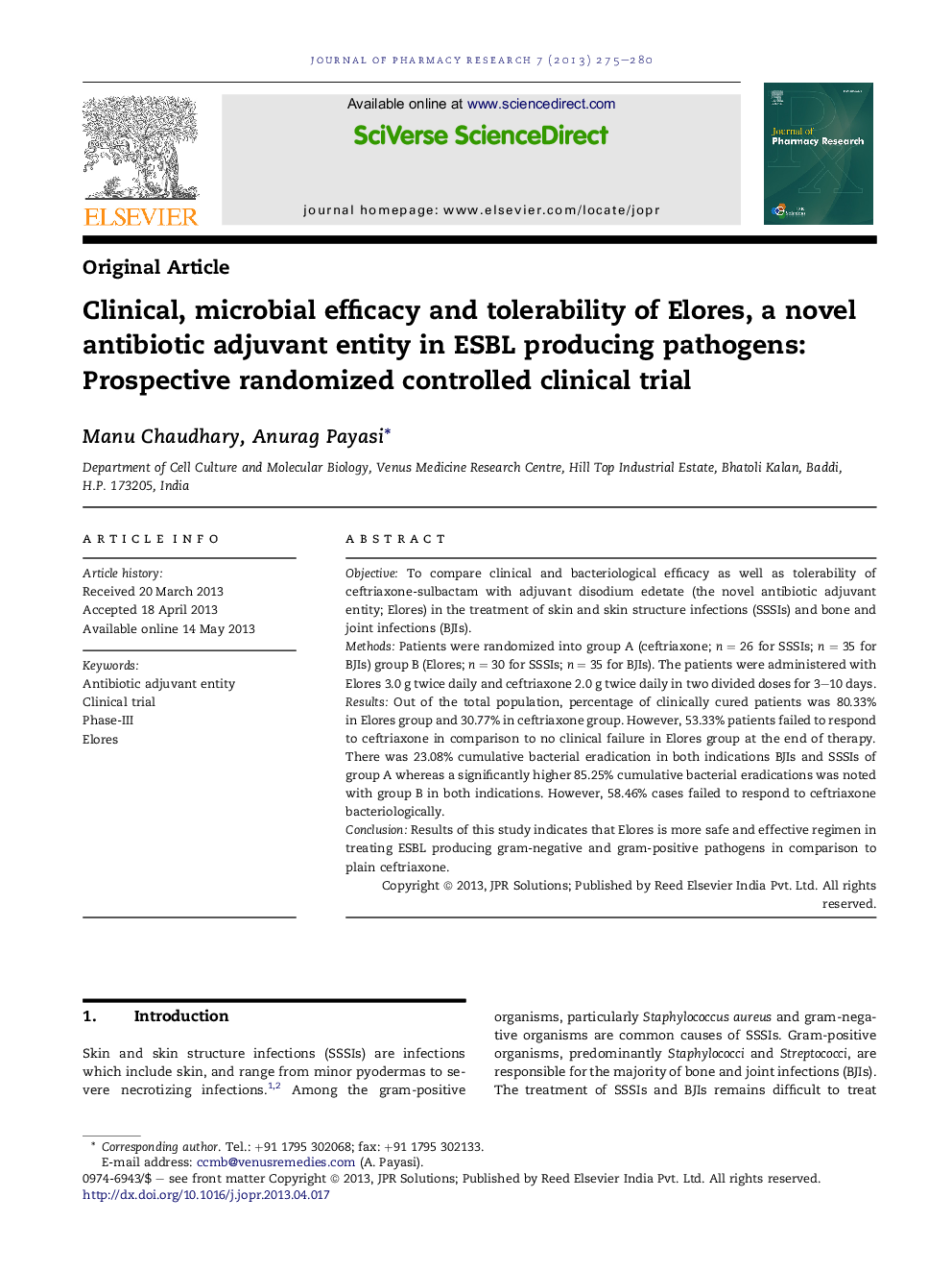 عکس صفحه اول مقاله: Clinical, microbial efficacy and tolerability of Elores, a novel antibiotic adjuvant entity in ESBL producing pathogens: Prospective randomized controlled clinical trial Clinical, microbial efficacy and tolerability of Elores, a novel antibiotic adjuvant entity in ESBL producing pathogens: Prospective randomized controlled clinical trial