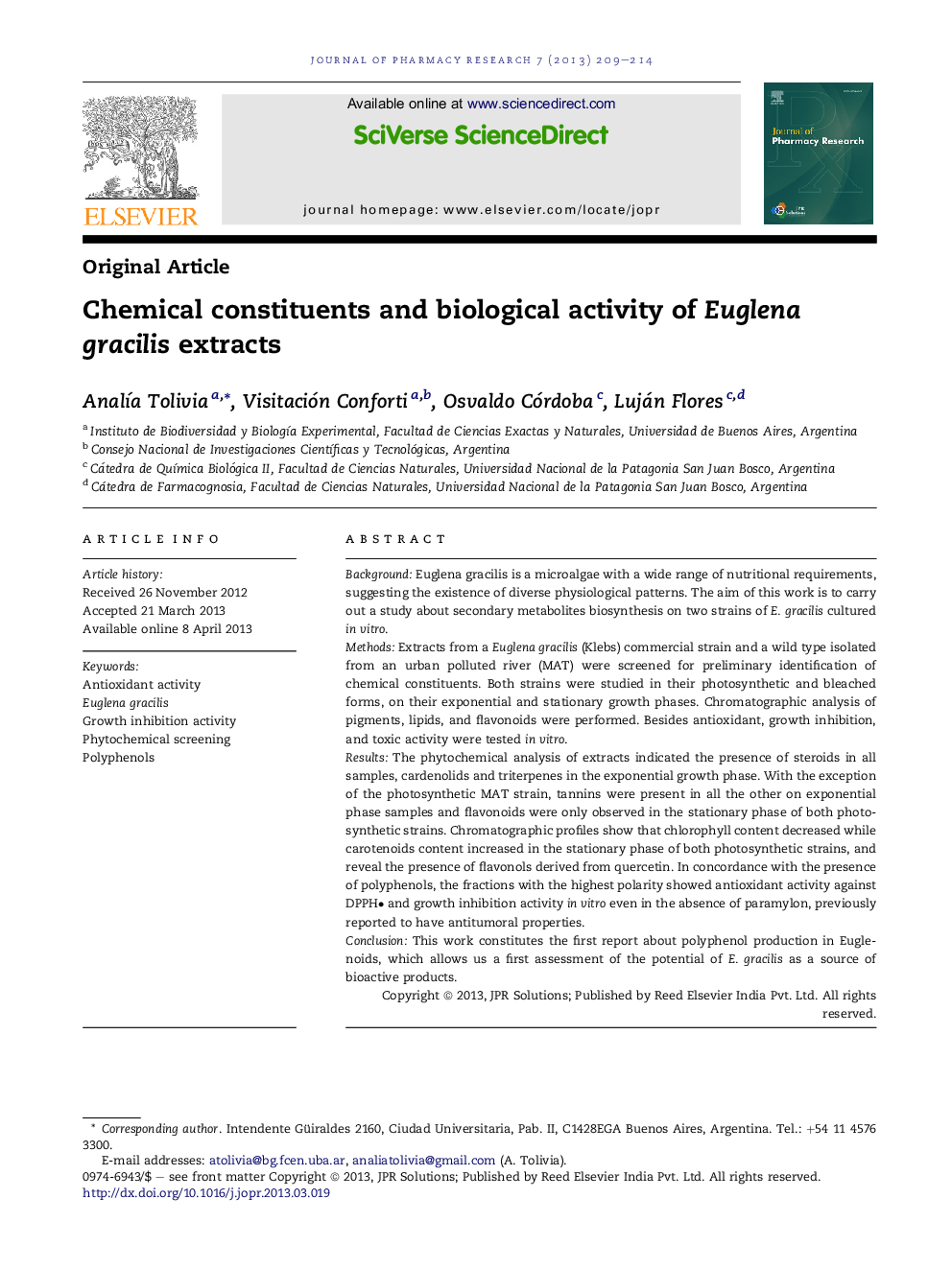 Chemical constituents and biological activity of Euglena gracilis extracts