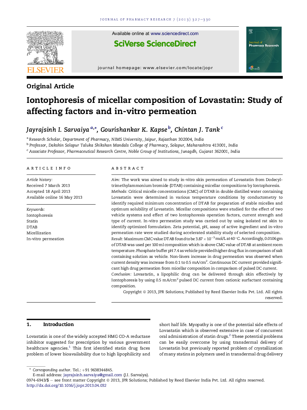 Iontophoresis of micellar composition of Lovastatin: Study of affecting factors and in-vitro permeation