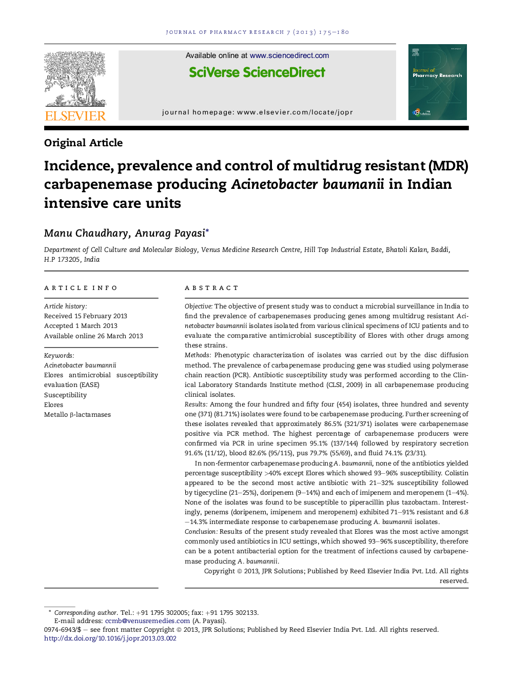 Incidence, prevalence and control of multidrug resistant (MDR) carbapenemase producing Acinetobacter baumanii in Indian intensive care units