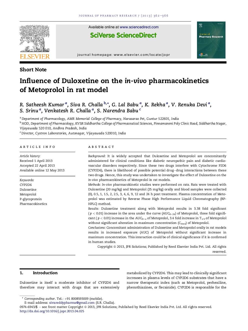 Influence of Duloxetine on the in-vivo pharmacokinetics ofÂ Metoprolol in rat model