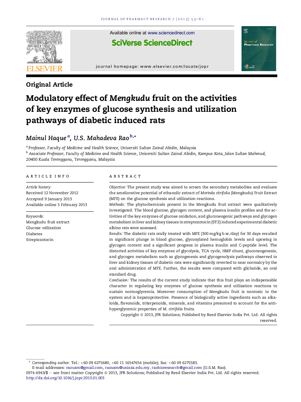 Modulatory effect of Mengkudu fruit on the activities of key enzymes of glucose synthesis and utilization pathways of diabetic induced rats