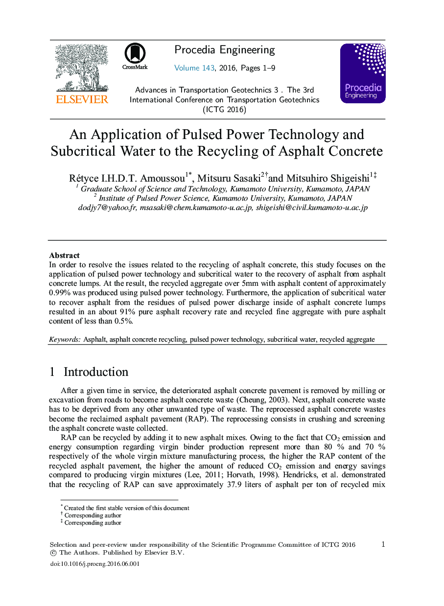 An Application of Pulsed Power Technology and Subcritical Water to the Recycling of Asphalt Concrete 