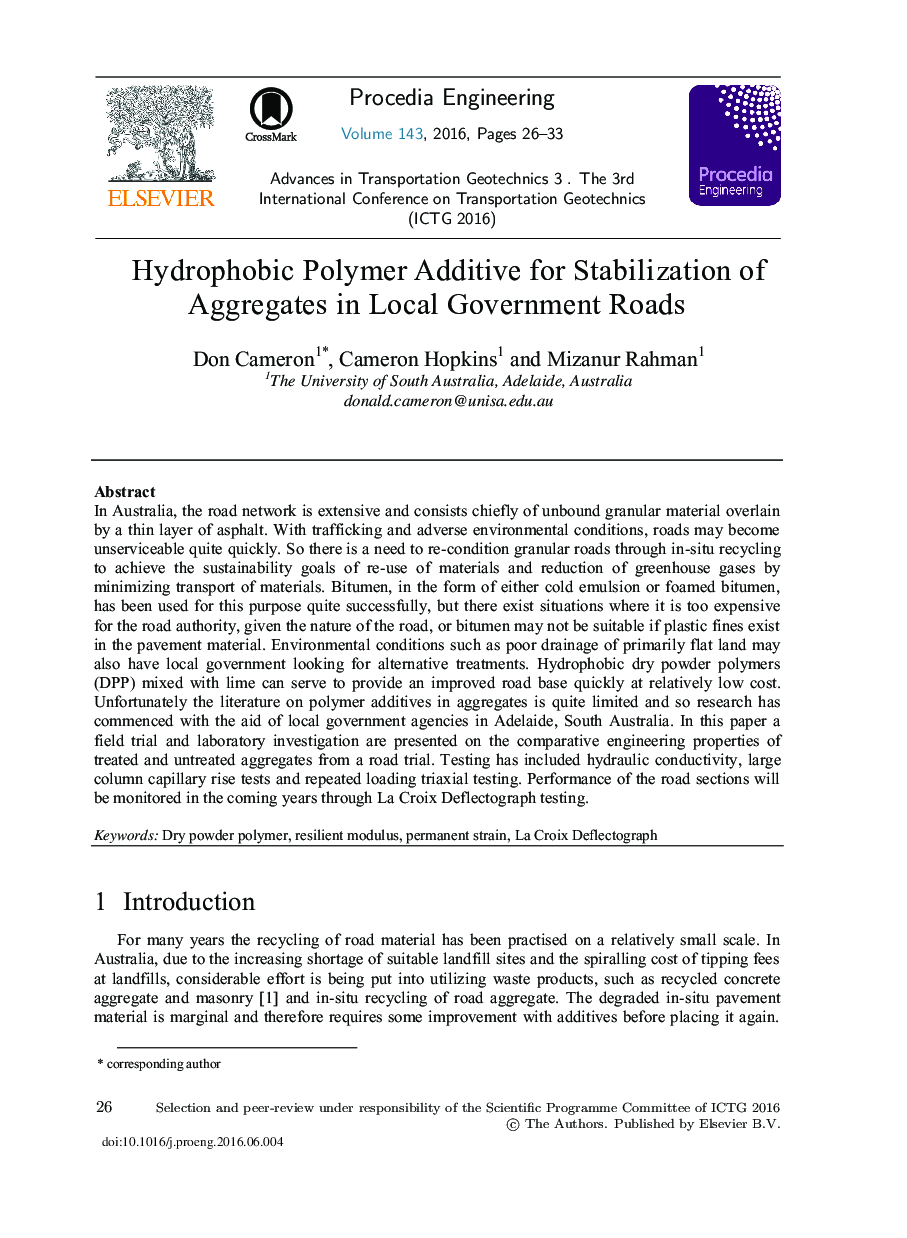 Hydrophobic Polymer Additive for Stabilization of Aggregates in Local Government Roads