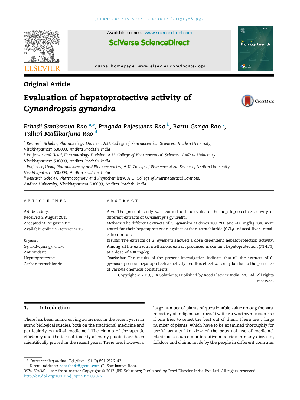 Evaluation of hepatoprotective activity of Gynandropsis gynandra