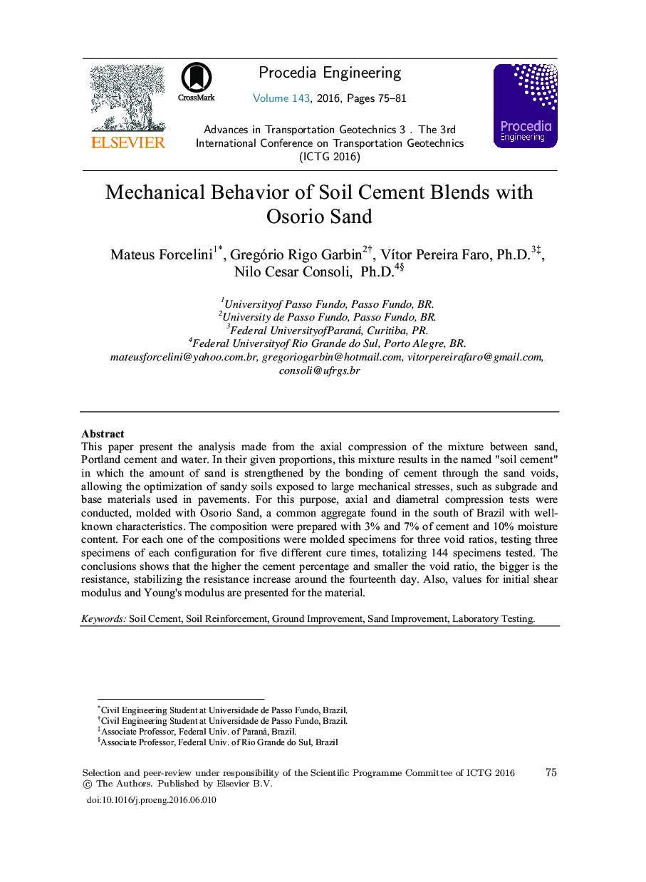 Mechanical Behavior of Soil Cement Blends with Osorio Sand 