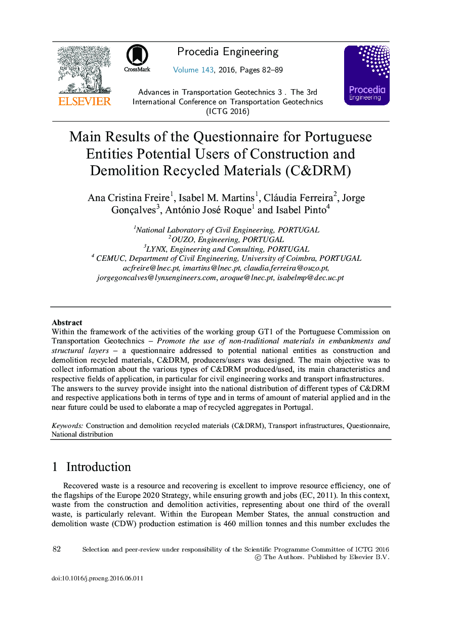 Main Results of the Questionnaire for Portuguese Entities Potential Users of Construction and Demolition Recycled Materials (C&DRM) 