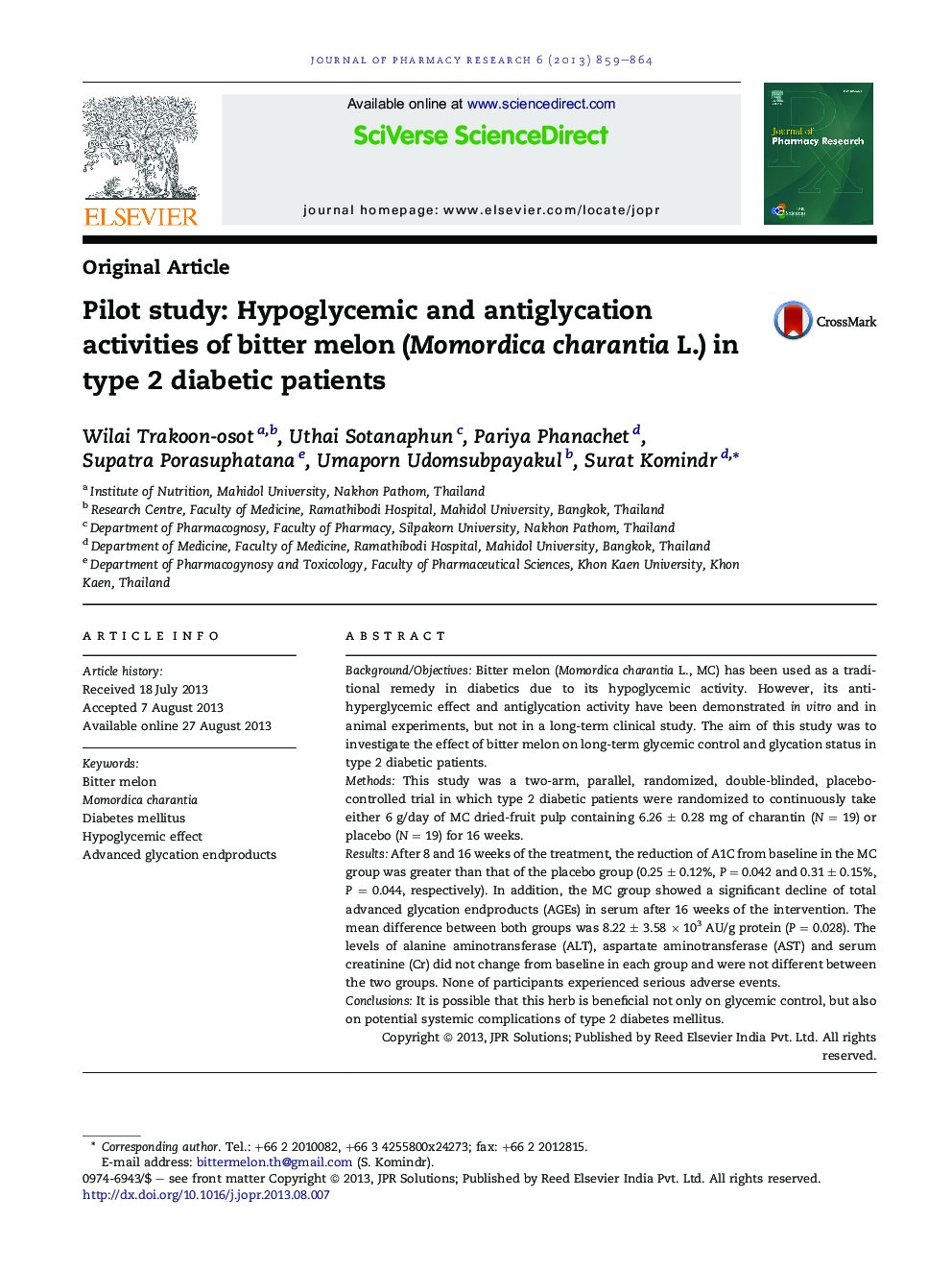 Pilot study: Hypoglycemic and antiglycation activities of bitter melon (Momordica charantia L.) in type 2 diabetic patients