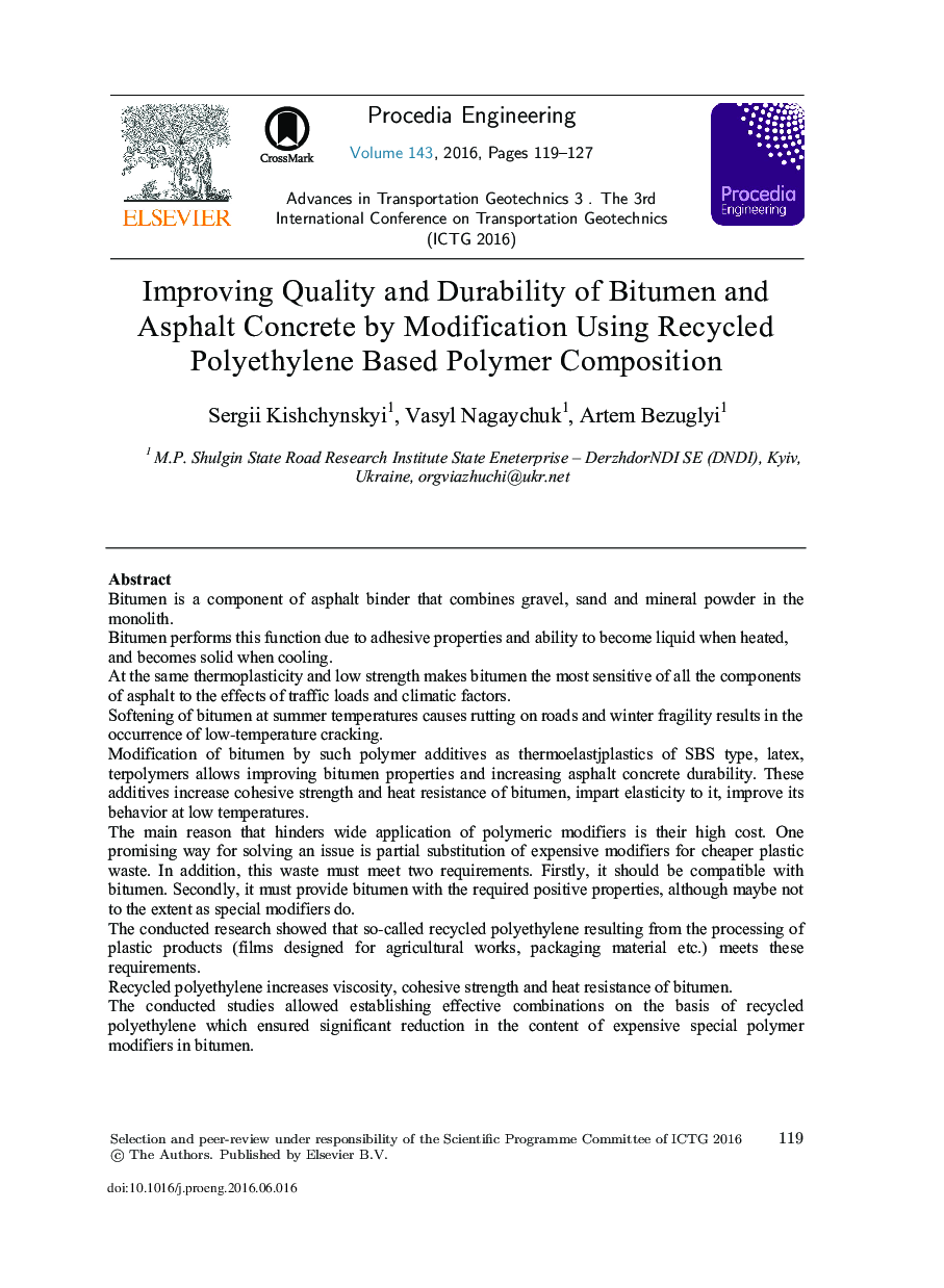 Improving Quality and Durability of Bitumen and Asphalt Concrete by Modification Using Recycled Polyethylene Based Polymer Composition 