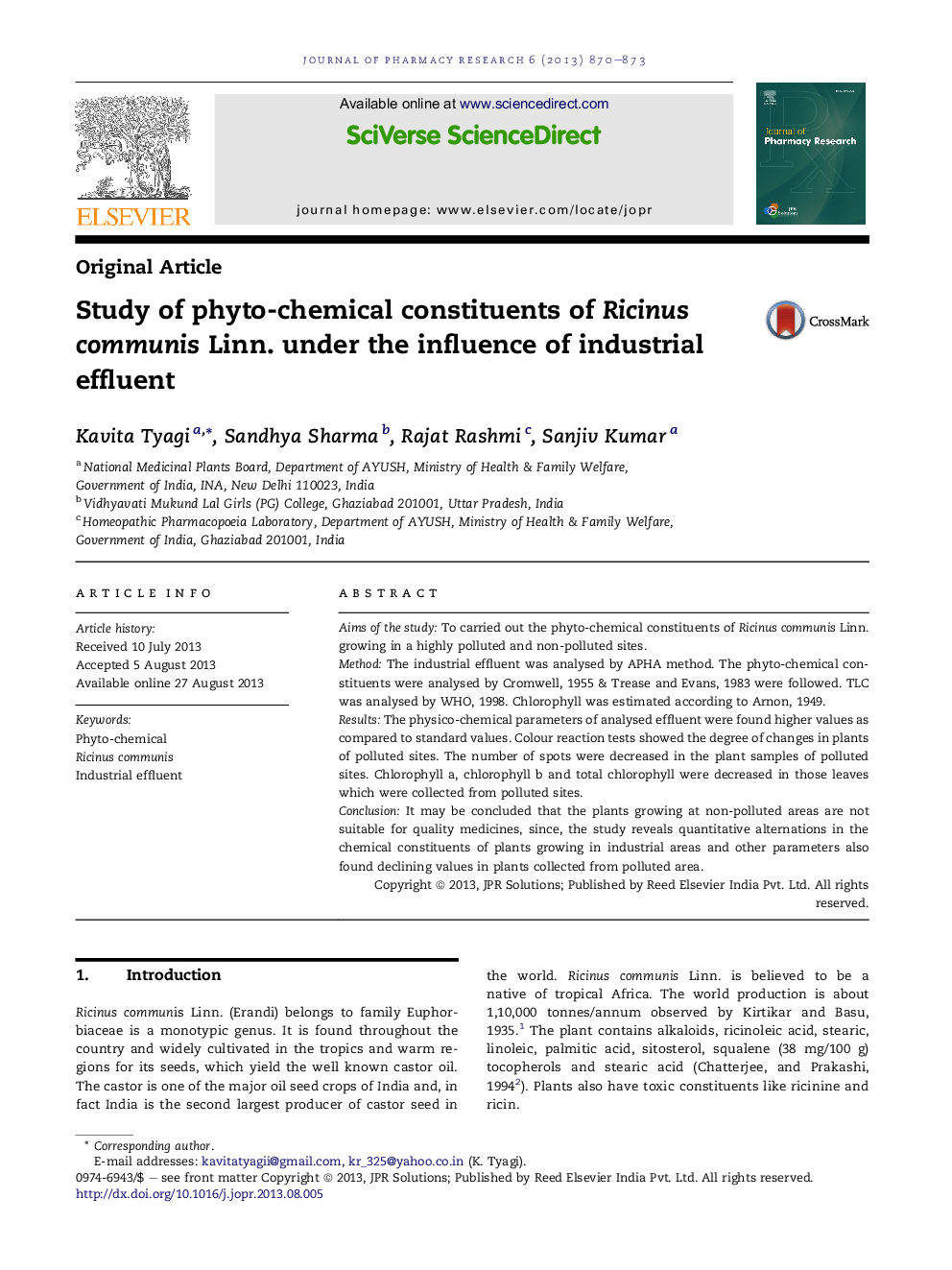 Study of phyto-chemical constituents of Ricinus communis Linn. under the influence of industrial effluent