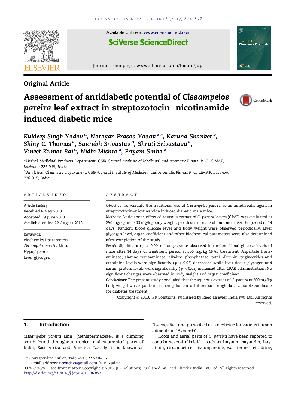 Assessment of antidiabetic potential of Cissampelos pareira leaf extract in streptozotocin-nicotinamide induced diabetic mice