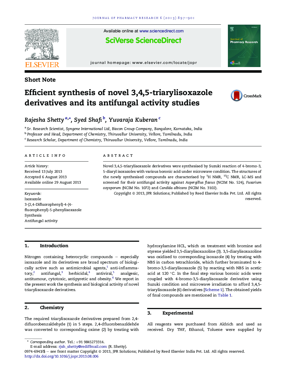 Efficient synthesis of novel 3,4,5-triarylisoxazole derivatives and its antifungal activity studies