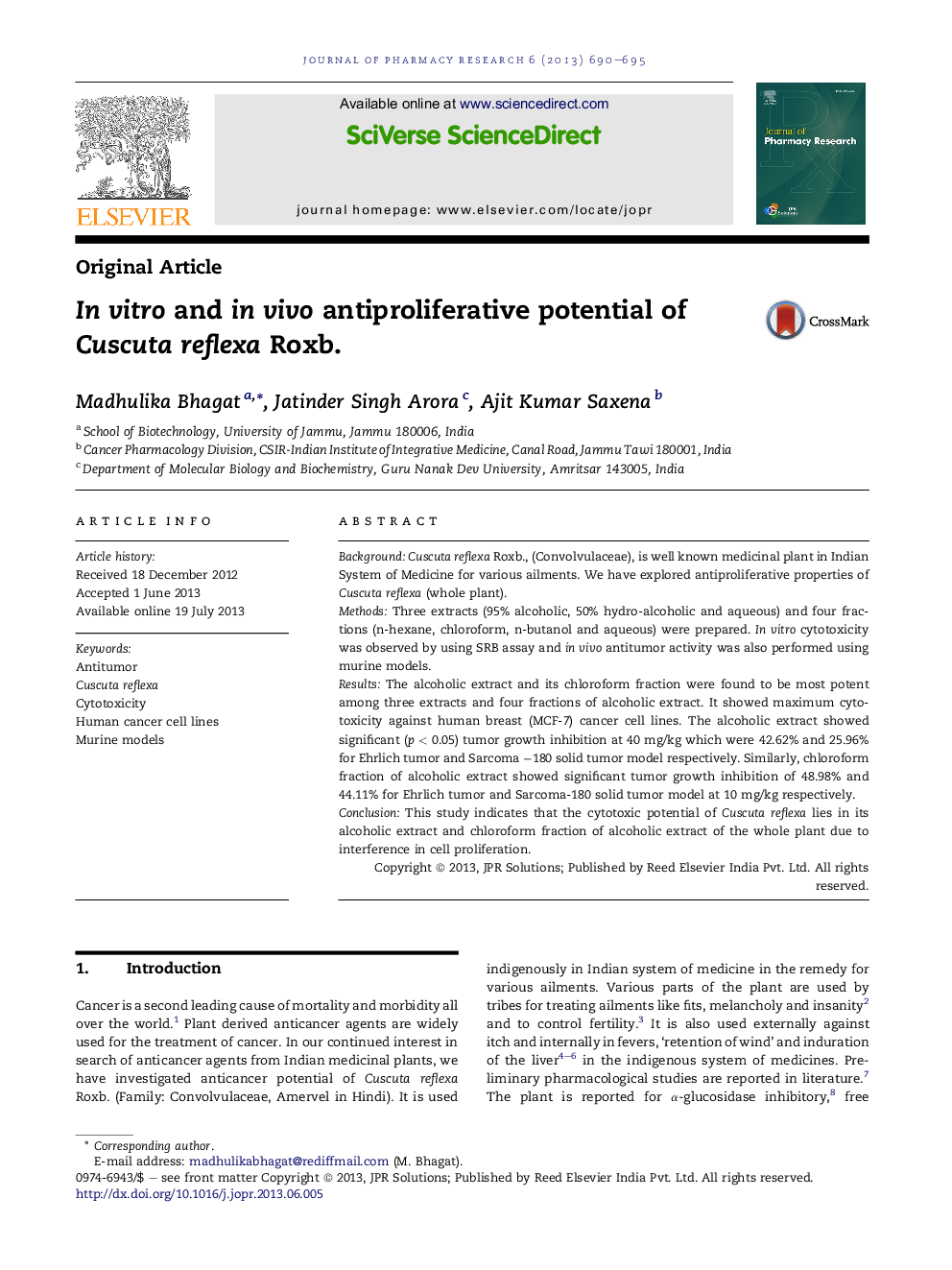 InÂ vitro and inÂ vivo antiproliferative potential of Cuscuta reflexa Roxb.