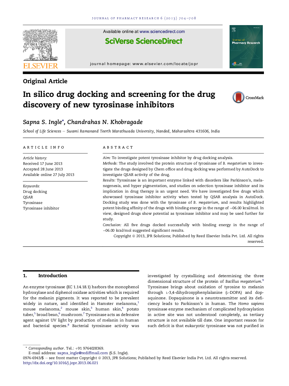 In silico drug docking and screening for the drug discovery of new tyrosinase inhibitors